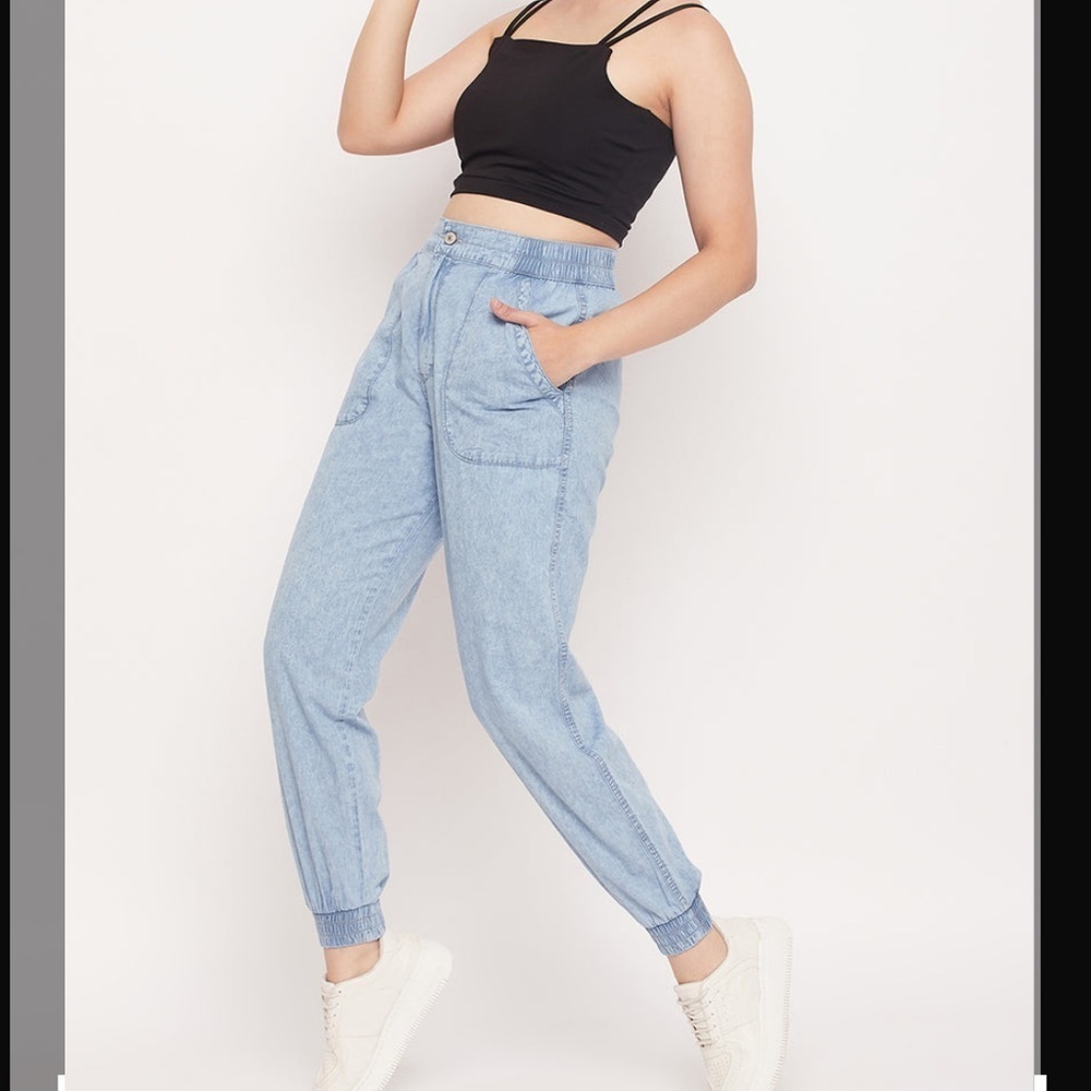 Chambray Joggers Washed Blue Denim Sz Large Pockets